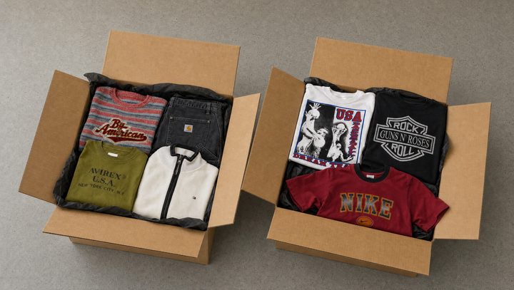 Zwei geöffnete Vintage Mystery Boxen auf Betonboden: Sweater, Carhartt-Jeans, Nike- und Bandshirts in schwarzem Seidenpapier