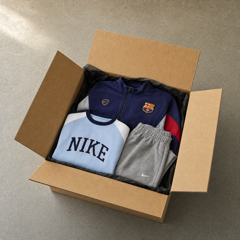 Offene Vintage Nike Mystery Box mit hellblauem NIKE-Sweater, FC-Barcelona-Trackjacke und grauer Jogginghose