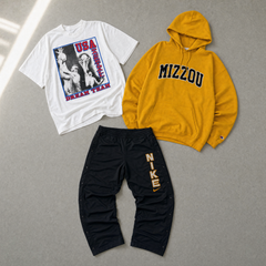  Vintage Mystery Box Outfit Starter – drei abgestimmte Vintage-Teile: Hoodie, Graphic-Shirt und Trackpants